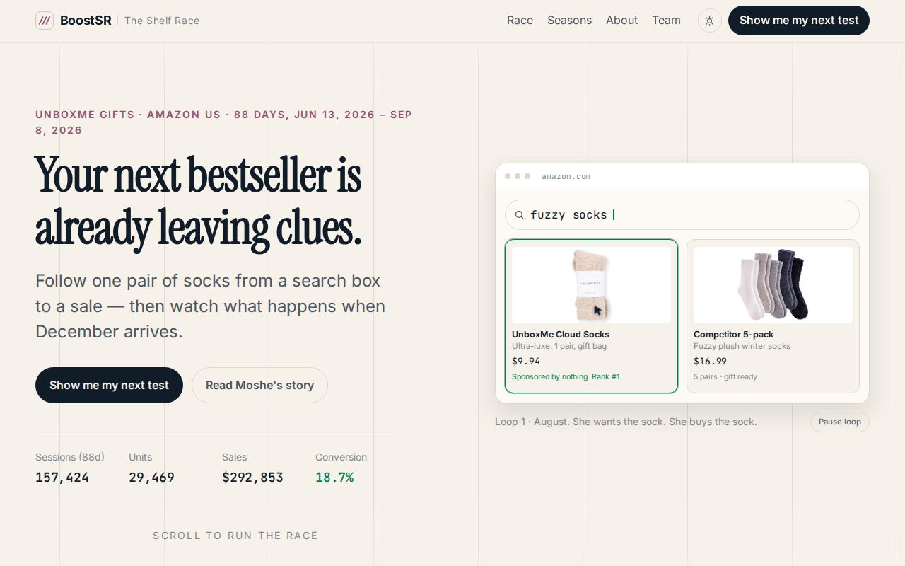 Concept A hero: dark race-track stage with an Amazon search box typing fuzzy socks